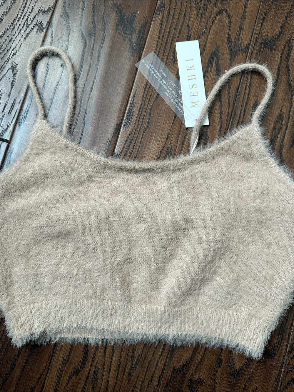 Meshki Fuzzy Knit Crop Cami in Beige Taupe